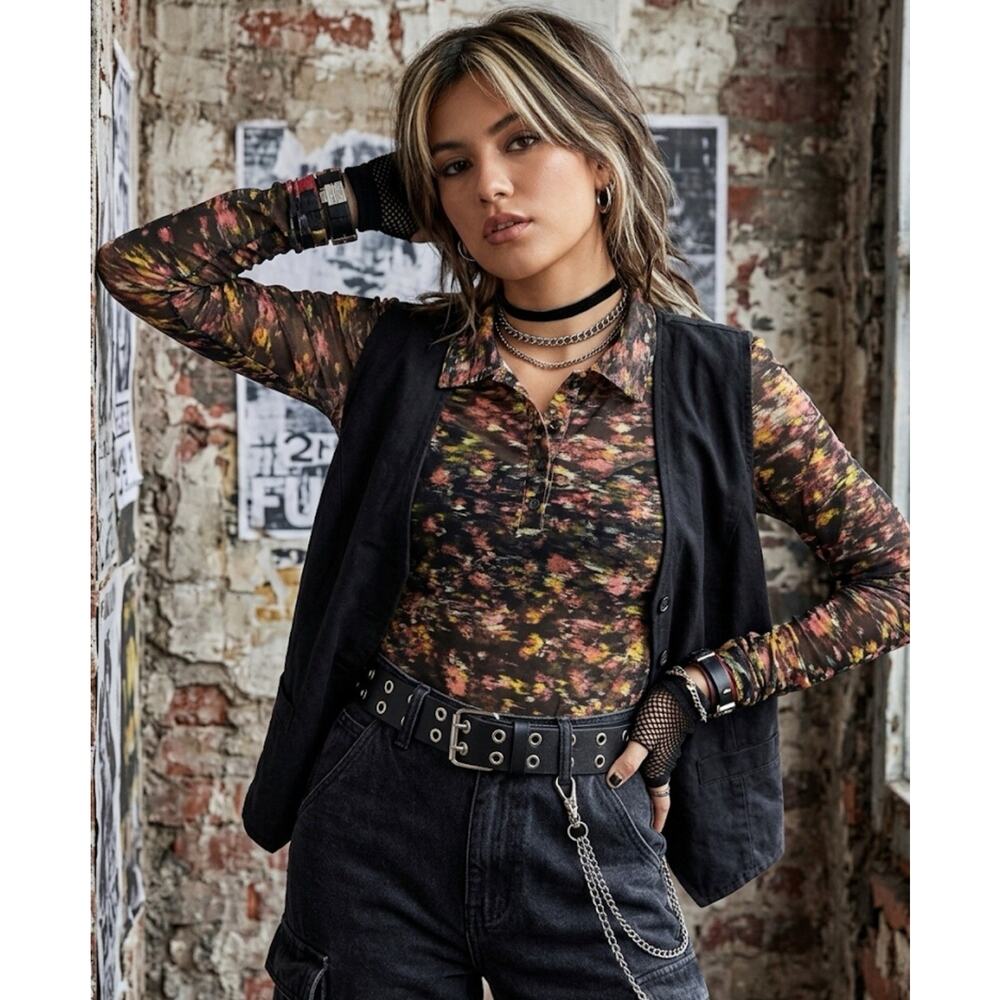DNKY Mesh Polo Top Womens Abstract Print Sheer Blouse Grunge Style Y2K Size M